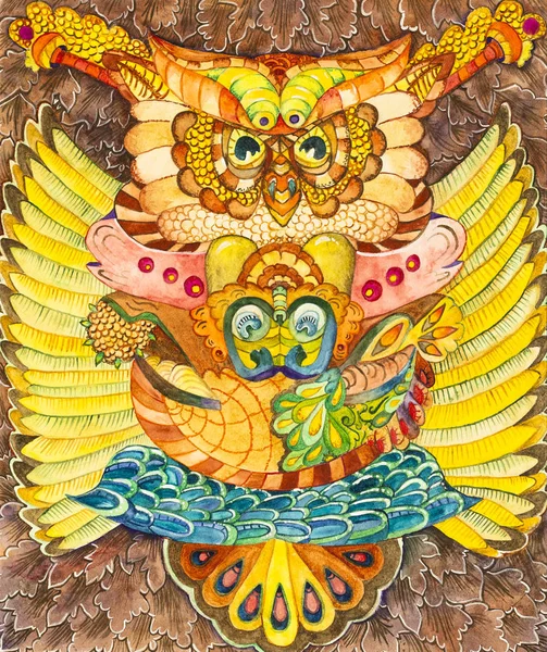 Simetrik soyutlama kompozisyonu. Suluboya çizimi. Fantastik bir görüntünün maskesi. Uzaylı bir yaratığın portresi.