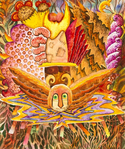 Simetrik soyutlama kompozisyonu. Suluboya çizimi. Fantastik bir görüntünün maskesi. Uzaylı bir yaratığın portresi.