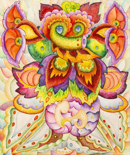 Simetrik soyutlama kompozisyonu. Suluboya çizimi. Fantastik bir görüntünün maskesi. Uzaylı bir yaratığın portresi.