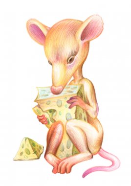 Bir farenin kalem çizimi. Çocuklar için illüstrasyon. Renkli kalemler ile hayvanların görüntü. Çin Falı 2020. Sıçan peynir yiyor.