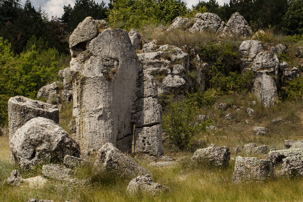 Planted stones, also known as The Stone Desert. Landforms of Varna Province. Rock formations of Bulgaria. Stone forest.