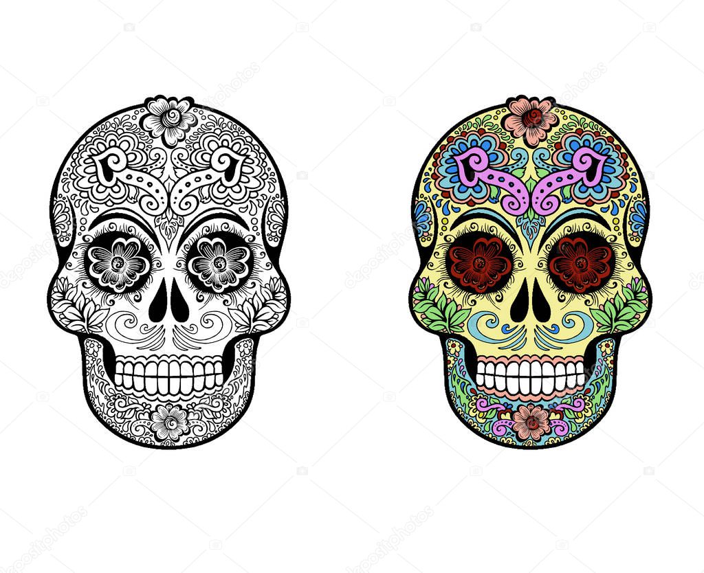 Illustration of an ornately decorated Day of the Dead (Dia de los Muertos) sugar skull, or calavera.