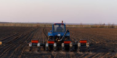 Tohum eken bir traktör tarıma elverişli arazide çalışıyor. Tarım işi. Bahar ekili tahıl..