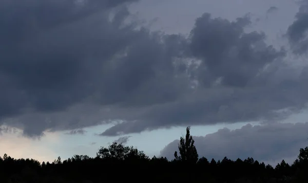 Chuva Floresta Nuvens Tempestade Contra Céu Azul Sol Está Escondido — Fotografia de Stock