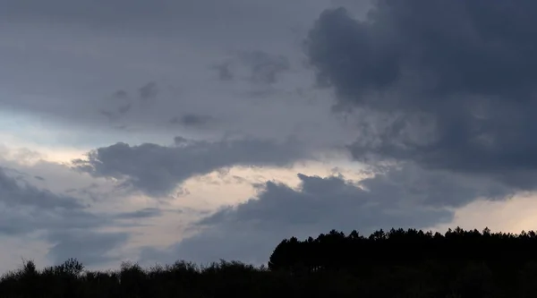 Regen Wald Gewitterwolken Vor Blauem Himmel Die Sonne Ist Verborgen — Stockfoto