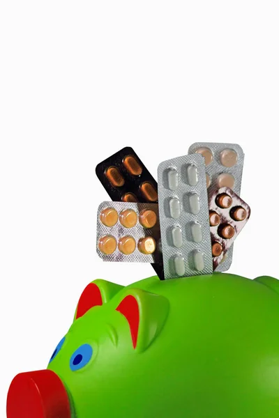 Pillen Blisterverpackungen Mit Sparschwein Konzept — Stockfoto