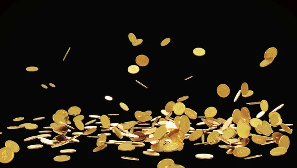 Falling gold coins. Rain from golden coins. Coins with dollar sign isolated on black background. 3D illustration