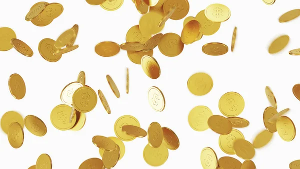 Falling gold coins. Rain from golden coins. Coins with dollar sign isolated on white background. 3D illustration
