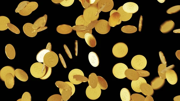 Falling gold coins. Rain from golden coins. Coins with dollar sign isolated on black background. 3D illustration