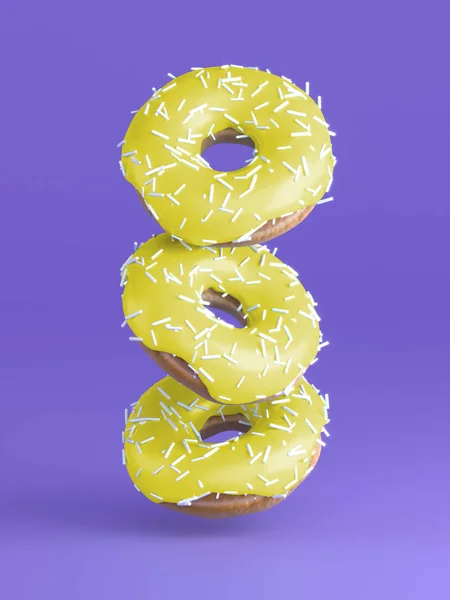 Tasty donuts with bright yellow glaze and white decor for baking on soft violet background.