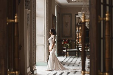 Güzel ve seksi esmer modeli kız moda şık dantel elbise gülümseyen ve lüks vintage iç poz çıplak sırt ile kusursuz bir beden ile