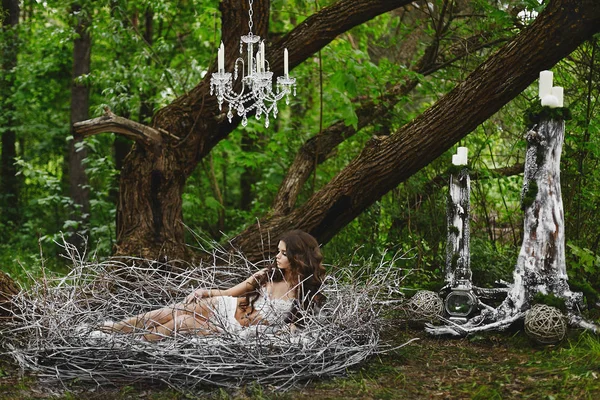 Imagen de cuento de hadas - hermosa sexy modelo de cabello castaño chica lleva lencería, descansa en un enorme nido en el bosque verde — Foto de Stock
