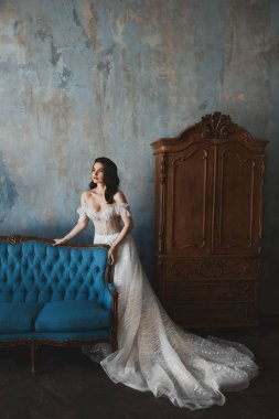 Lüks vintage iç çıplak omuz yalın antika koltukta ve poz ile şık ve şık dantel elbiseli seksi ve güzel esmer modeli kız