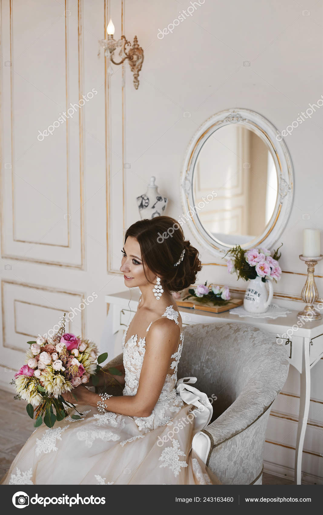 Beautiful And Happy Brunette Model Girl With Stylish Wedding