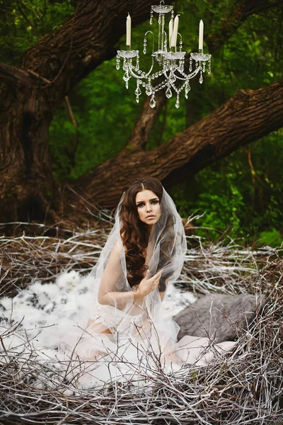 Beautiful and sensual brown-haired model girl with perfect sexy body in fashionable lace lingerie and in the veil sits in the huge nest and posing at green mystic forest