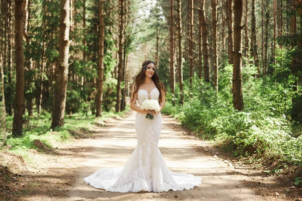 Belle et élégante fille modèle brune avec coiffure décorée de bijoux en robe de dentelle à la mode posant à la forêt tôt le matin — Photo