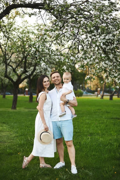 Hermosos padres jóvenes y su pequeño hijo lindo se divierten cerca de árboles con flores, familia feliz —  Fotos de Stock
