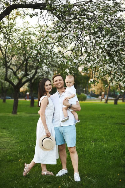 Vackra unga föräldrar och deras söta lilla son har kul nära blommande träd, lycklig familj — Stockfoto