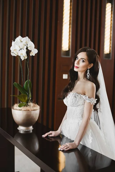 Jonge sexy bruid met perfecte lichaam en grote borsten in de modieuze trouwjurk en in grote luxe oorbellen poseren op luxe interieur — Stockfoto