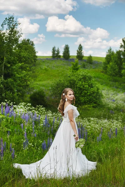 Güneşli bir yaz gününde romantik, güzel bir gelin. Güzel gelinlikli genç sarışın kadın çiçek tarlasında poz veriyor. Kırsal tarzda düğün fotoshoot kavramı — Stok fotoğraf