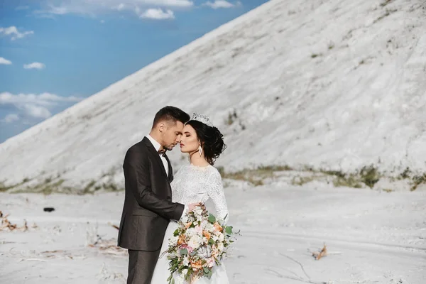 A young handsome groom and stylish bride hugging outdoor with a beautiful landscape at background — Stock Photo, Image