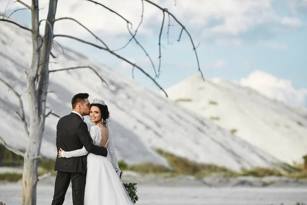 A stylish couple of newlyweds hugging and kissing outdoors over the beautiful landscape — Stock Photo, Image