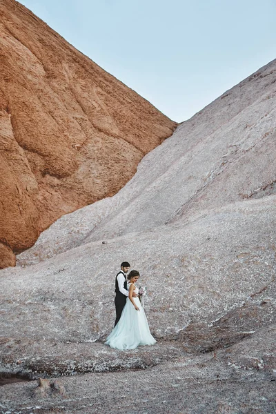 Glückliches Hochzeitspaar im Freien über der schönen Landschaft mit Bergen — Stockfoto