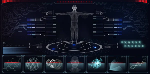 Футуристический медицинский интерфейс HUD, виртуальный графический интерфейс Touch с иллюстрацией сканирования Брайна, сканирования сердца, ДНК , — стоковый вектор