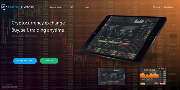 Шаблон веб-сайта. Forex рынок, новости и аналитика. Бинарный вариант. Экран приложения для торговли . — стоковый вектор
