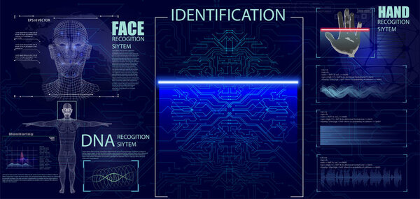 Authorization verification biometric scanners set of editable text and neon colored electronic interface elements for identification