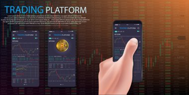 Bitcoin satın. Online kripto ödeme kavramı. Adam el Smartphone altın sikke, düğme buy ile tutarak. 