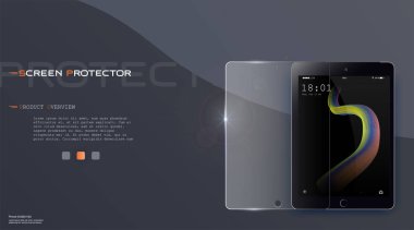 Ekran cam korumak. Gri arka plan üzerinde izole vektör ekran koruyucu film ya da cam kapak. Telefon aksesuar. Vektör çizim