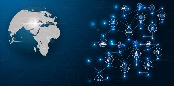 Red de comunicación alrededor de la Tierra utilizada para conexiones internacionales mundiales para finanzas, banca, internet, IoT y criptomonedas , — Vector de stock