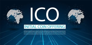 ICO 'nun ilk madeni parası, dünya haritası ve akran ağına engelleme zinciri içeren fütüristik hud arka planı sunuyor. Küresel kripto para birimi ICO madeni para satışı - zincir ticari afiş kavramı.