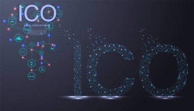 ICO ilk para dünya harita ve blockchain eşler arası ağ ile fütüristik hud arka plan sunuyor. Küresel cryptocurrency ICO sikke satış olay