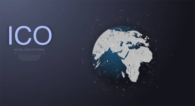 ICO ilk para dünya harita ve blockchain eşler arası ağ ile fütüristik hud arka plan sunuyor. Küresel cryptocurrency ICO sikke satış olay 