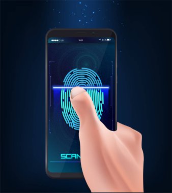 Ekrandaki parmak izi tarama süreci ile akıllı telefon tutan el. Düz stil vektör çizim