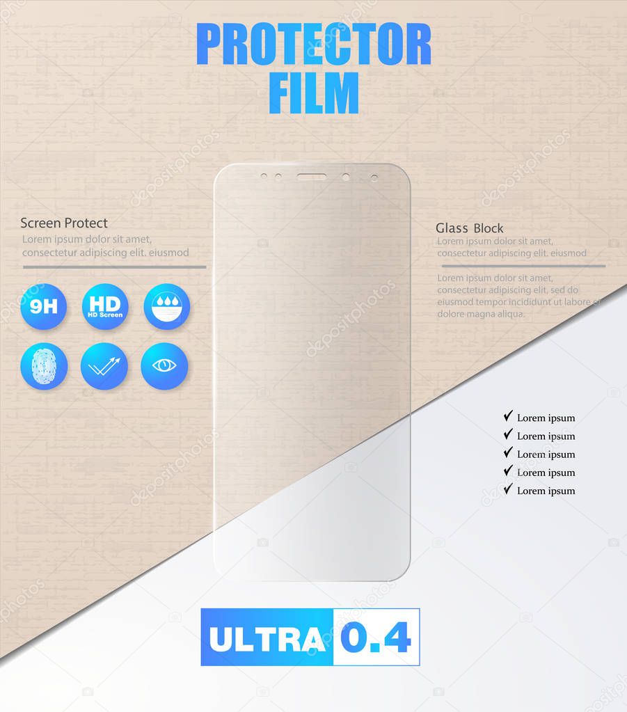 Vector screen protector film or glass cover. Screen protect Glass. New design