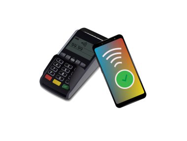 POS terminali smartphone, temassız ödeme ile. Yakın iletişim protokolü alan. Vektör simgesi. WiFi mobil ödeme. Kablosuz banka, mobil Nfc banka kredi kartı 3d vektör çizim
