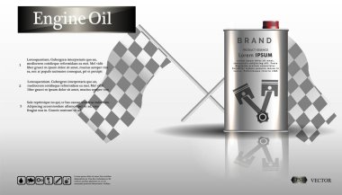 Engine oil in an iron jar.Bottle engine oil on white background with gear, clean vector. Realistic 3D vector image. canister ads template with brand logo Blueprints. vector