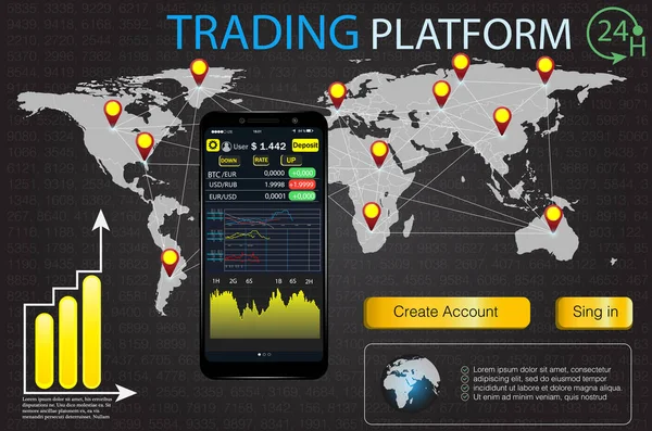 Ui für Business-App .trade-Markt binäre Option. Web-Flat-Infografik-Elemente, Landkarten, Diagramme setzen. abstrakte virtuelle Grafik. Handy-App. eps10 — Stockvektor