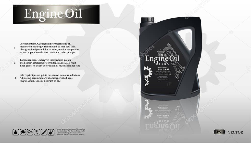 Bottle engine oil on white background with gear, clean vector. Realistic 3D vector image. canister ads template with brand logo Blueprints. .EPS10