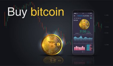 Bitcoin satın. Online kripto ödeme kavramı. Altın sikke ile akıllı telefon, düğmesi satın. Tıklama başına sanal para birimine göre ödeme. iş, web afiş için vektör