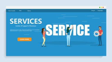 Vektör yaratıcı çizim iş Servisi. İnsanlar inşa. Office durumlar. Açılış sayfası şablonu. Vektör çizim