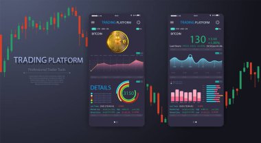 Telefon ekranında ticaret Döviz app. Mobil Bankacılık cryptocurrency UI. Online hisse senedi Alım Satım arabirimi vektör eps 10. 