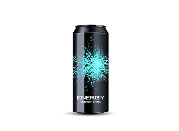 Energy drink contained in metal can with electricity lightning element, teal background 3d illustration — Stock Vector