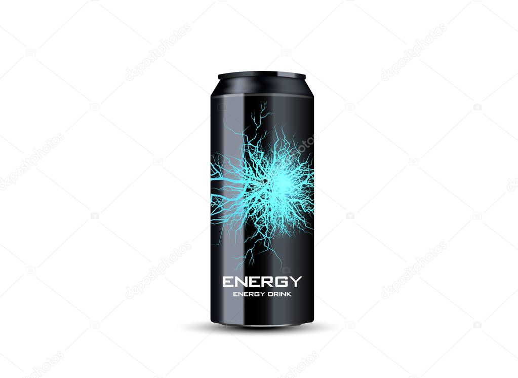 Energy drink contained in metal can with electricity lightning element, teal background 3d