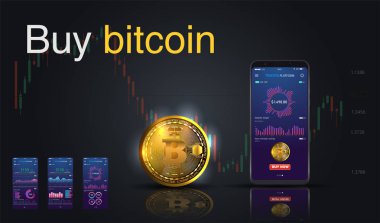 Altın rengi bir cep telefonunun ekranında Bitcoin simgesi. Kırmızı düğmeye şimdi al. Kripto para satarak kavramı. Vektör çizim.