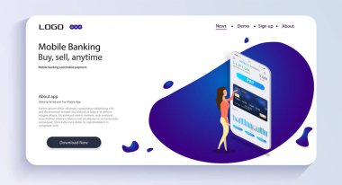 Kız mobil bankacılık çalışır. Mobil bankacılık. Mobil banka app izometrik kavramı. Online bankacılık tasarım