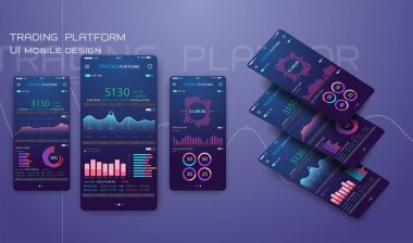 Telefon ekranında ticaret Döviz app. Mobil Bankacılık cryptocurrency UI. Online stok ticaret arabirimi vektör .